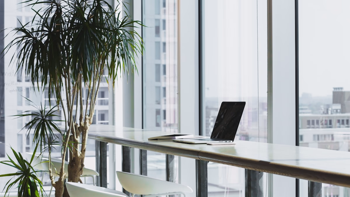 A modern, minimalist home office setup with a focus on clean design and secure hardware.