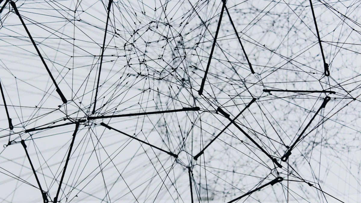 A complex network of interconnected nodes representing a content cluster, glowing with digital energy against a dark, sovereign background.