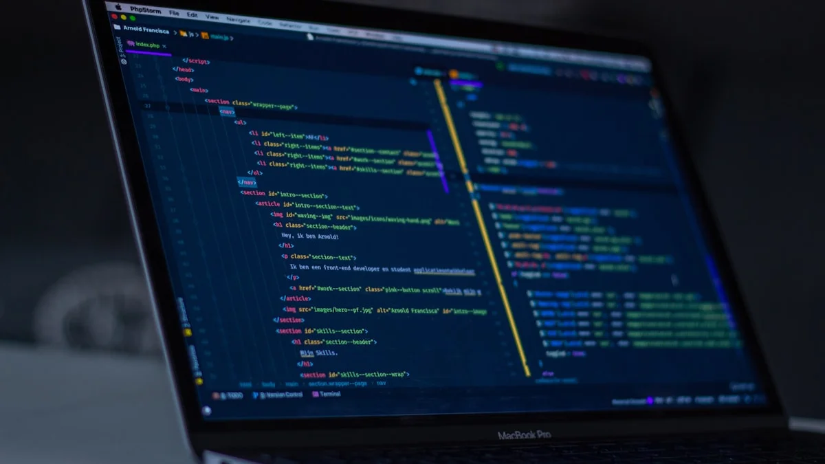 A stylized representation of open-source software development with gears and code.