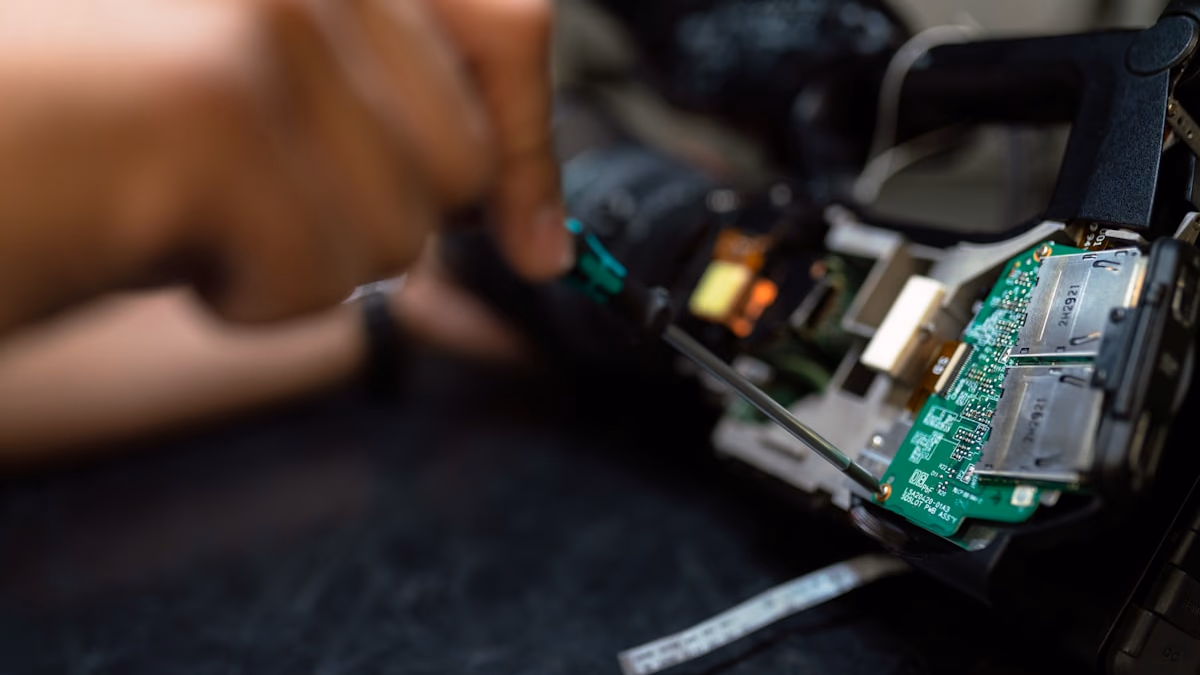 A digital representation of a glowing blue human eye inside a circuit board, symbolizing AI surveillance and security vulnerabilities.
