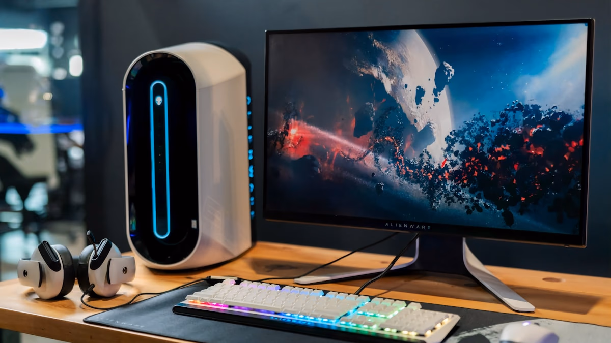 A high-performance desktop PC with glowing RGB lighting, running a terminal interface showing Llama-4 inference logs, symbolizing the power of local AI sovereignty.