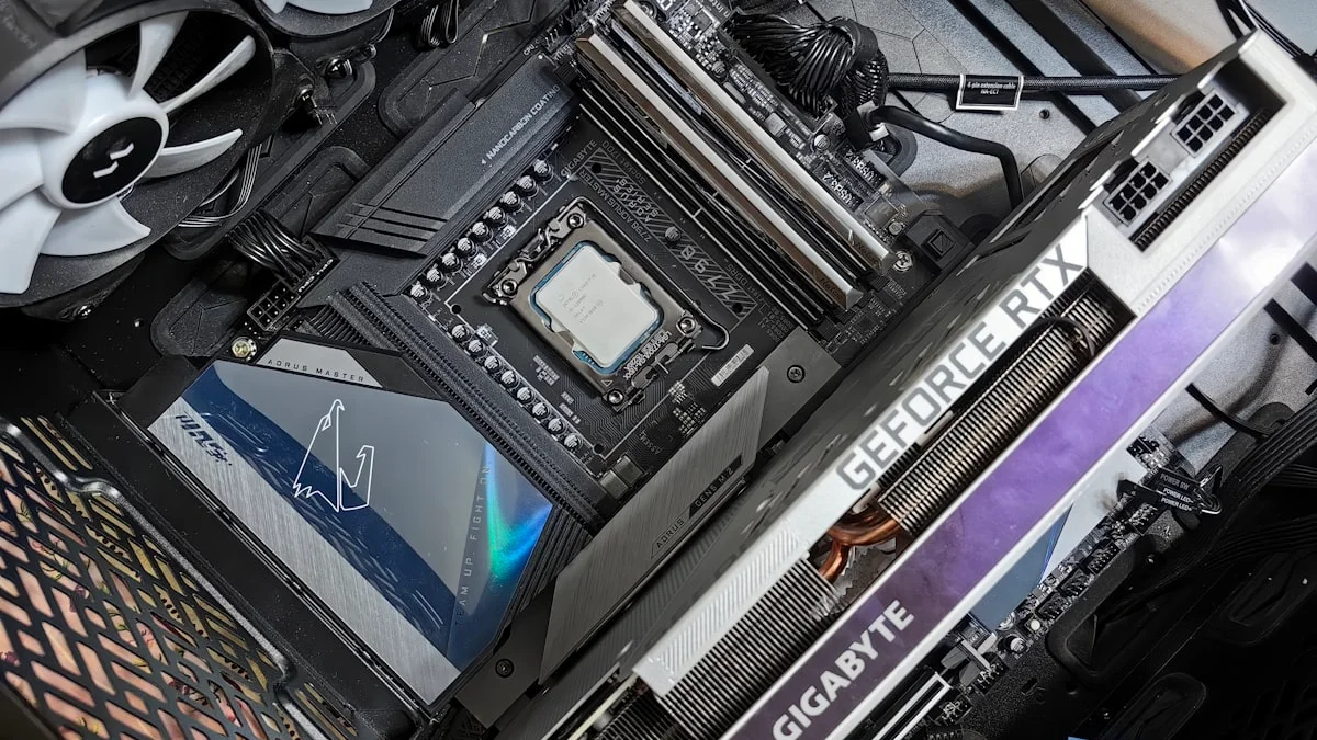 A high-performance computer motherboard with glowing circuits, symbolizing the optimization of hardware for AI tasks.