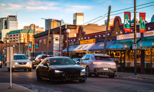 A high-speed pursuit vehicle in a city environment, representing the new Bravado Buffalo STX Pursuit.
