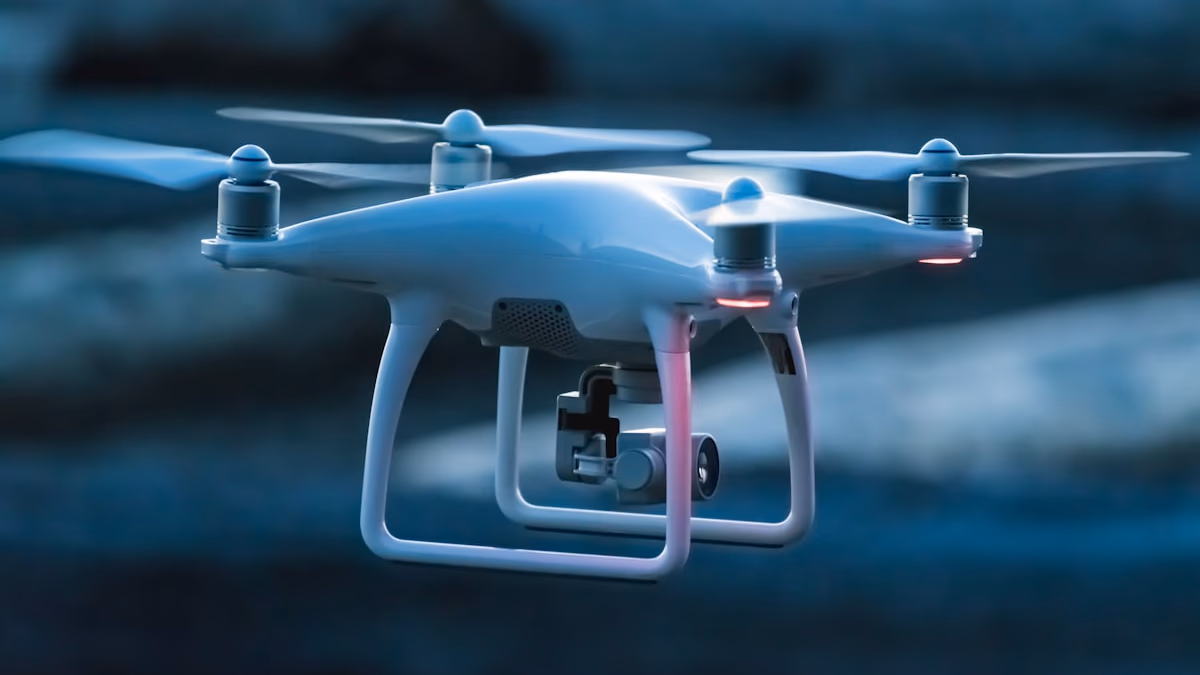 A high-tech interceptor drone in flight, using computer vision to track multiple targets in a complex urban environment.