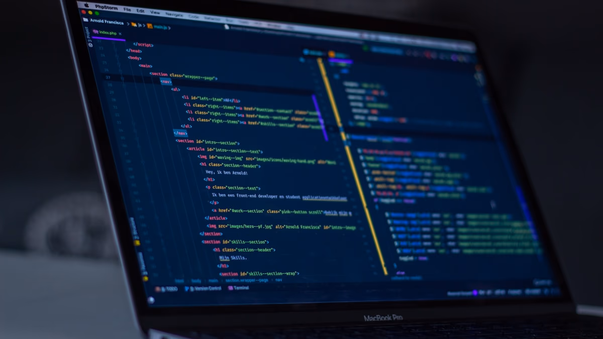 A stylized representation of open-source software development with gears and code.