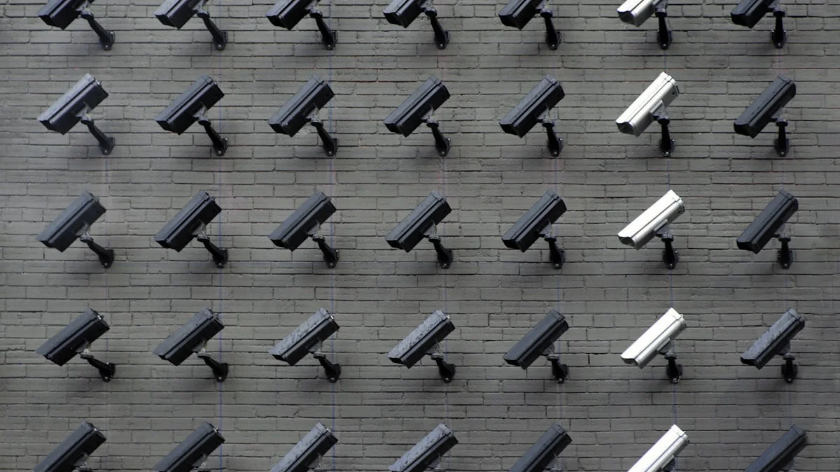 A security camera mounted on a residential wall with a digital scanning overlay on a human face, representing intrusive biometric surveillance.