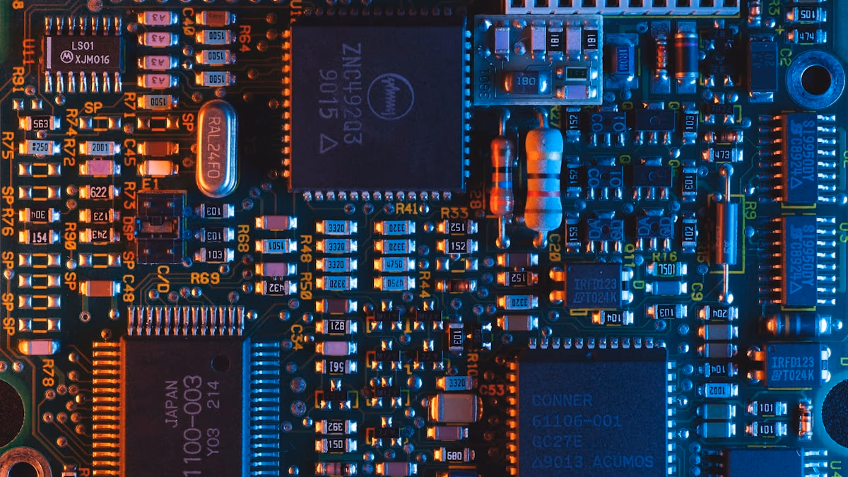 A high-tech digital factory line where AI gears are assembling content blocks into a search-optimized structure.