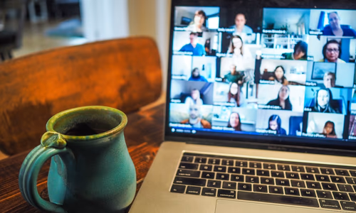 A secure, encrypted video conferencing interface on a laptop screen, symbolizing private digital meetings.