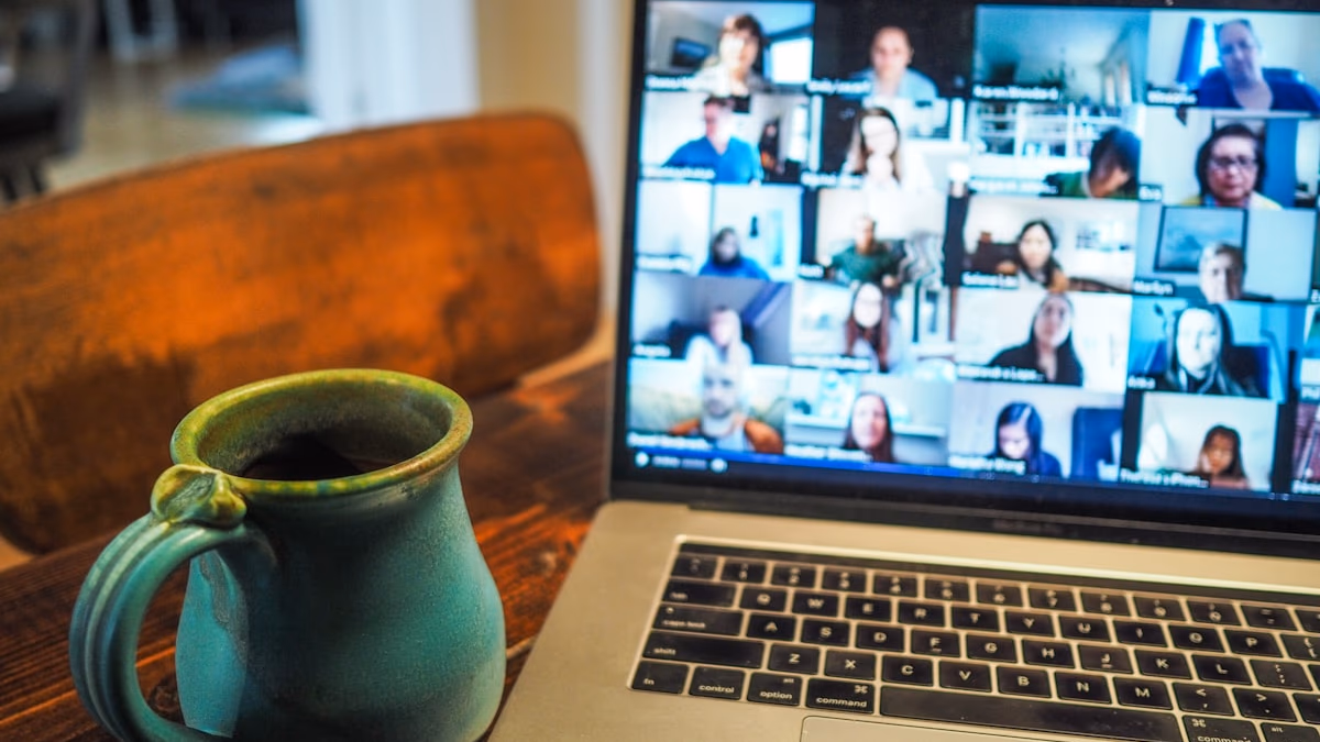A secure, encrypted video conferencing interface on a laptop screen, symbolizing private digital meetings.
