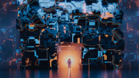A glowing digital cyber security shield representing AI governance and data privacy controls.