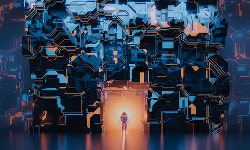 A glowing digital cyber security shield representing AI governance and data privacy controls.