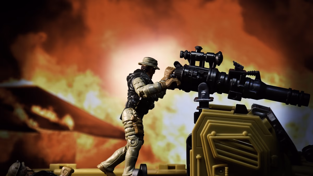 A conceptual digital visualization of a modern battlefield with AI-driven target overlays and autonomous drone icons.