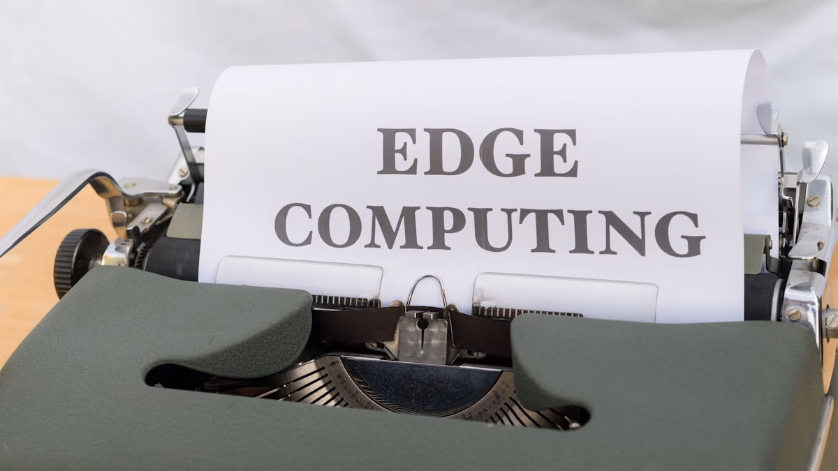 A glowing edge computing node processing data locally.