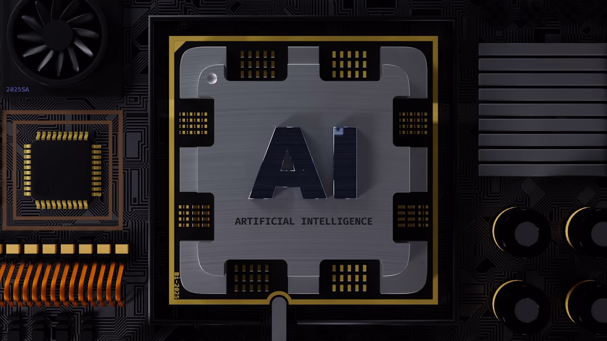 AI chip close-up inside a data center motherboard with glowing circuits