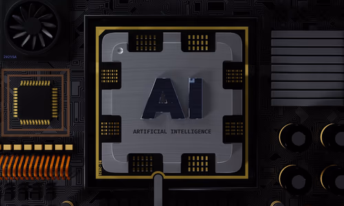 AI chip close-up inside a data center motherboard with glowing circuits
