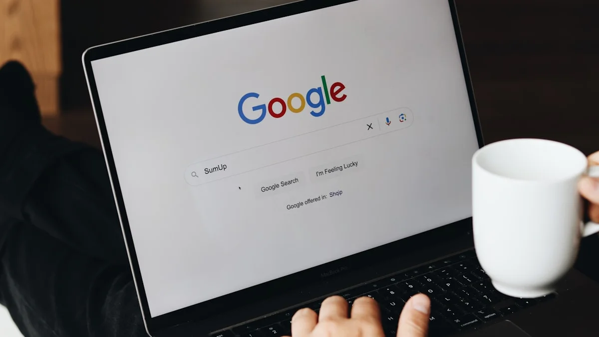 A person viewing a search results page with overlaid AI text and warning icons.