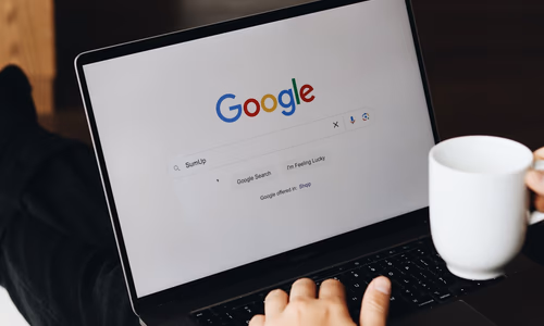 A person viewing a search results page with overlaid AI text and warning icons.