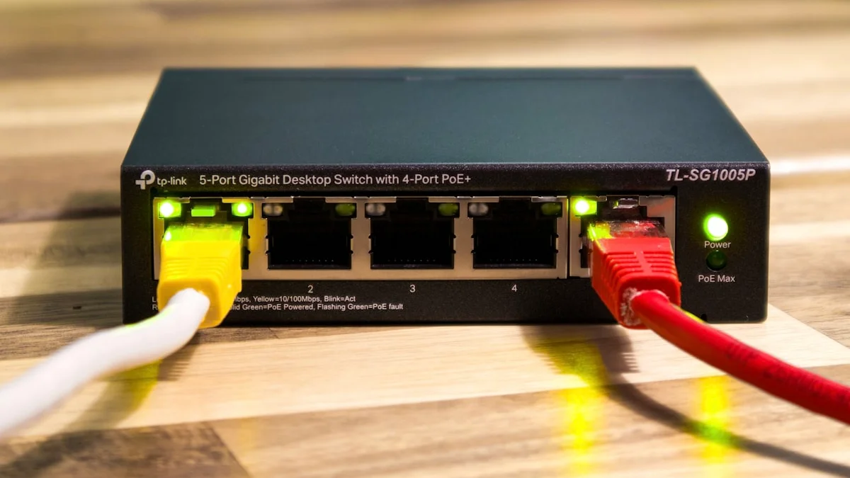 Network router cables representing telecommunications infrastructure.